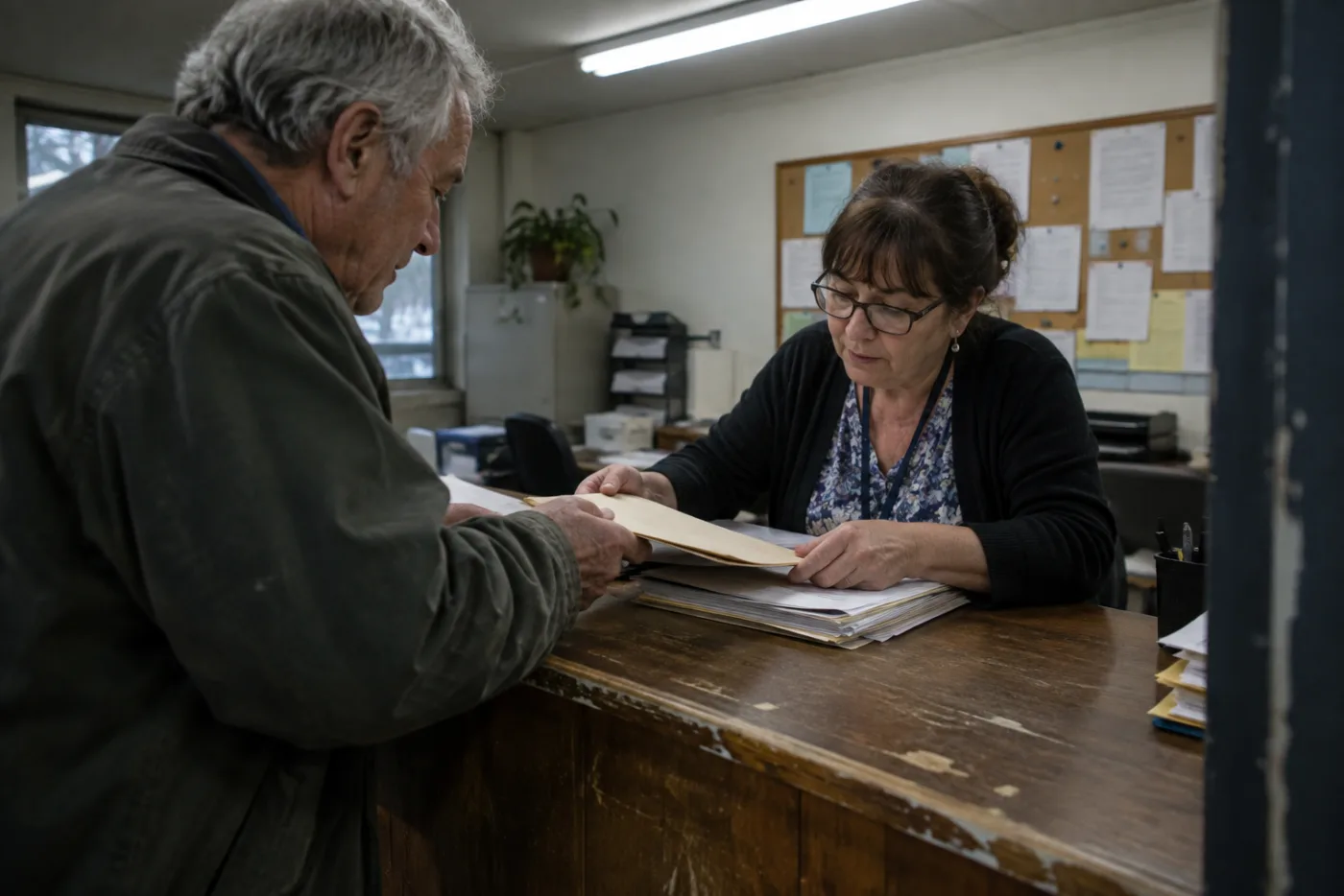 Man handing a folder of forms to a clerk across a worn office counter