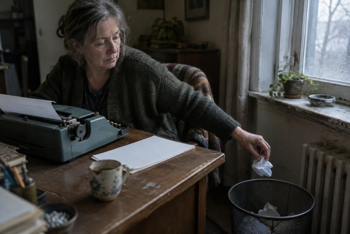 Woman crumpling a letter into a wastebasket beside an unfinished appeal form