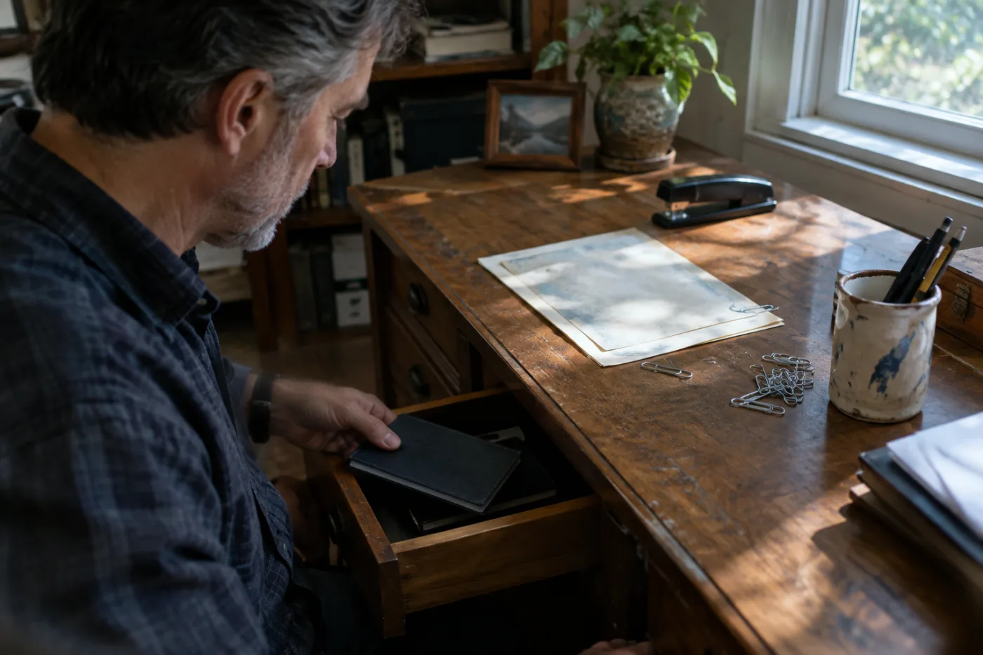 Man closing a checkbook drawer beside a faded HSA statement on his desk
