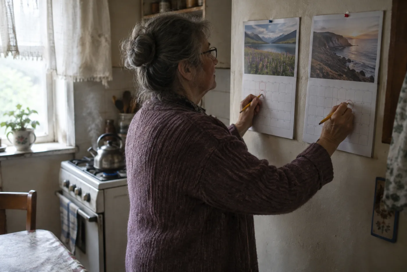 Woman circling different months on two calendars pinned side by side