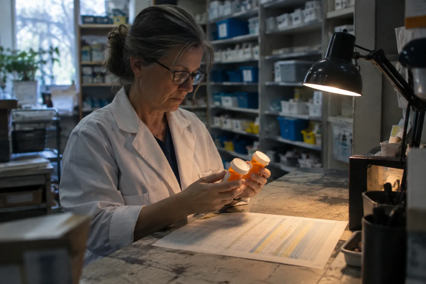 Pharmacist comparing two prescription bottles under a desk lamp with a printed chart