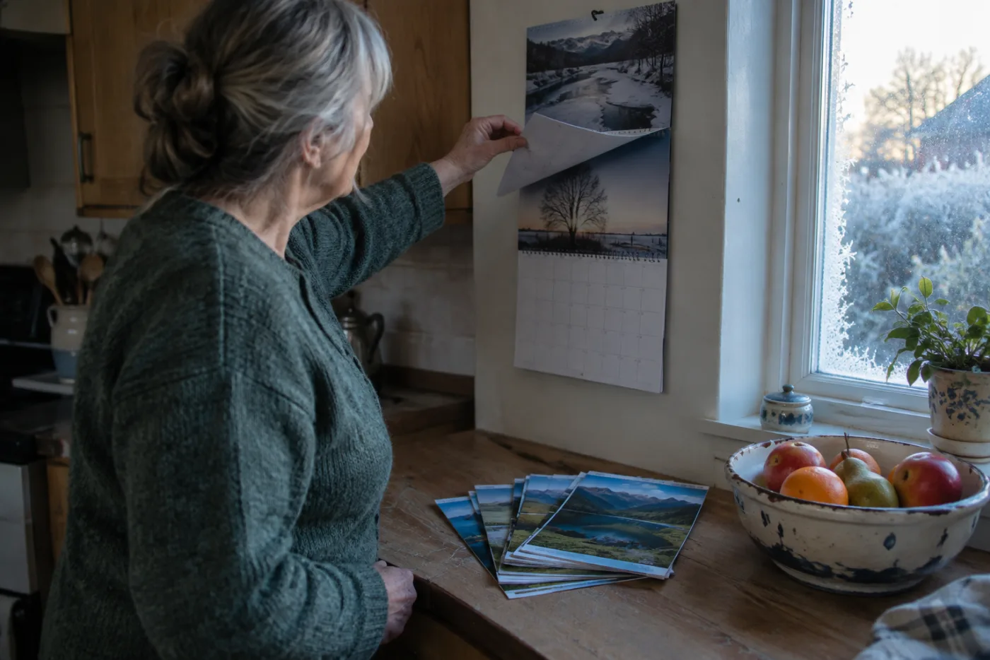 Woman flipping a wall calendar from January to February beside plan brochures