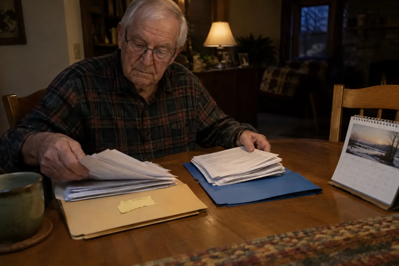 Man sorting two stacks of medical bills into separate folders at a dining table