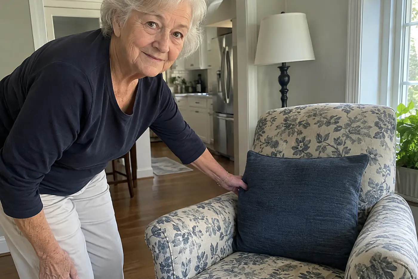 An untouched upholstered chair fills the center of a real living room as a woman over 70 reaches for its cushion, with no writing visible.