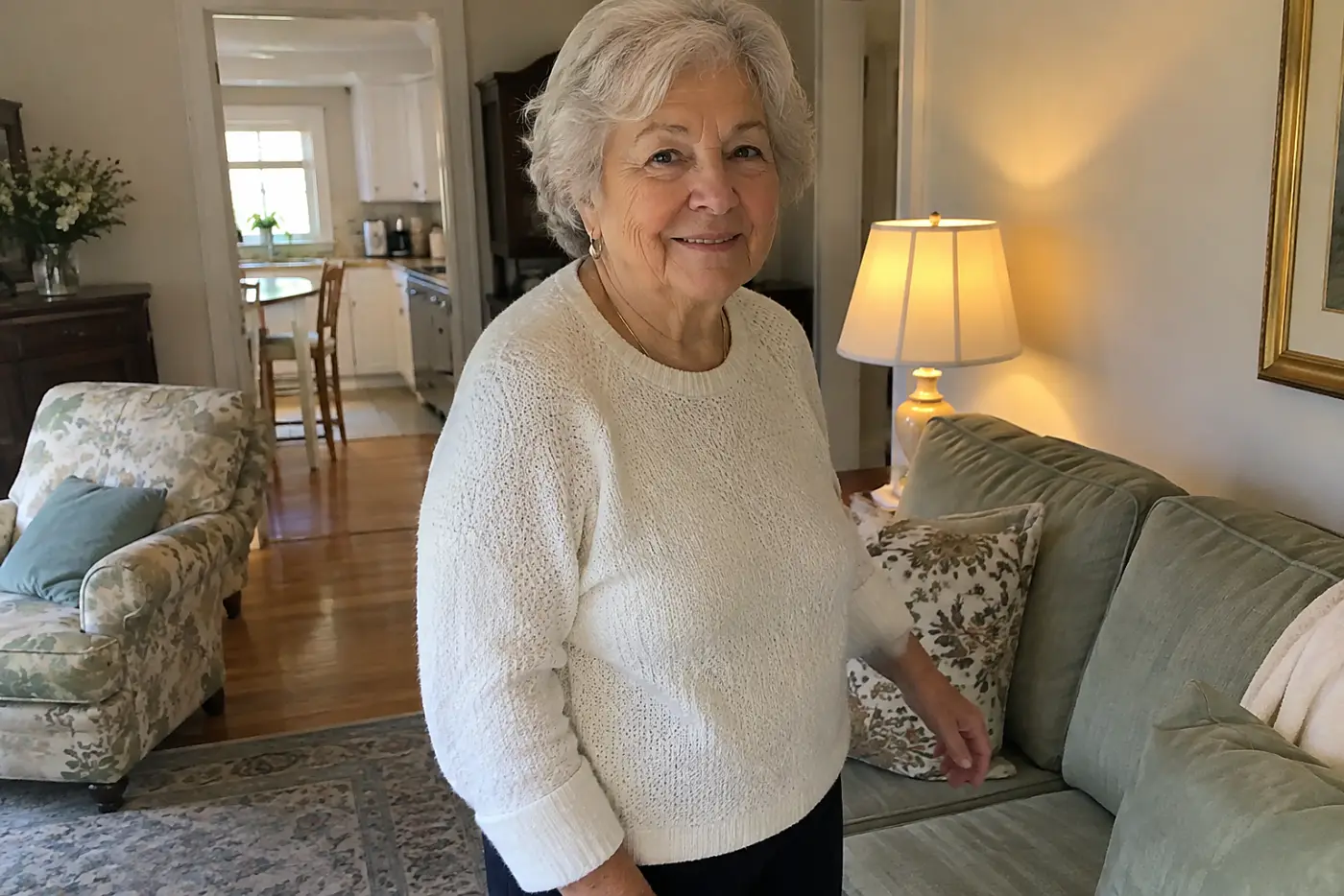 A living-room doorway fills the center of a real home, framing straight sofa cushions and a lit lamp beside a woman over 70, with no writing visible.