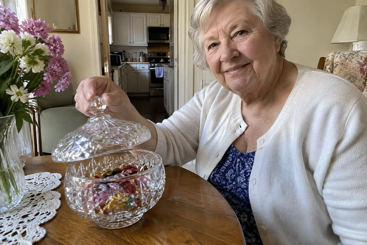 A lidded cut glass candy dish fills the center of a real living-room side table as a woman over 70 lifts the lid, with no writing visible.