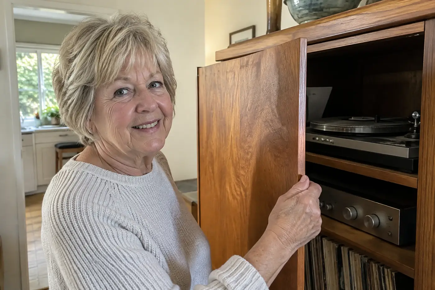 A wooden console stereo cabinet fills the center of a real living room as a woman over 70 opens one door, with no writing visible.