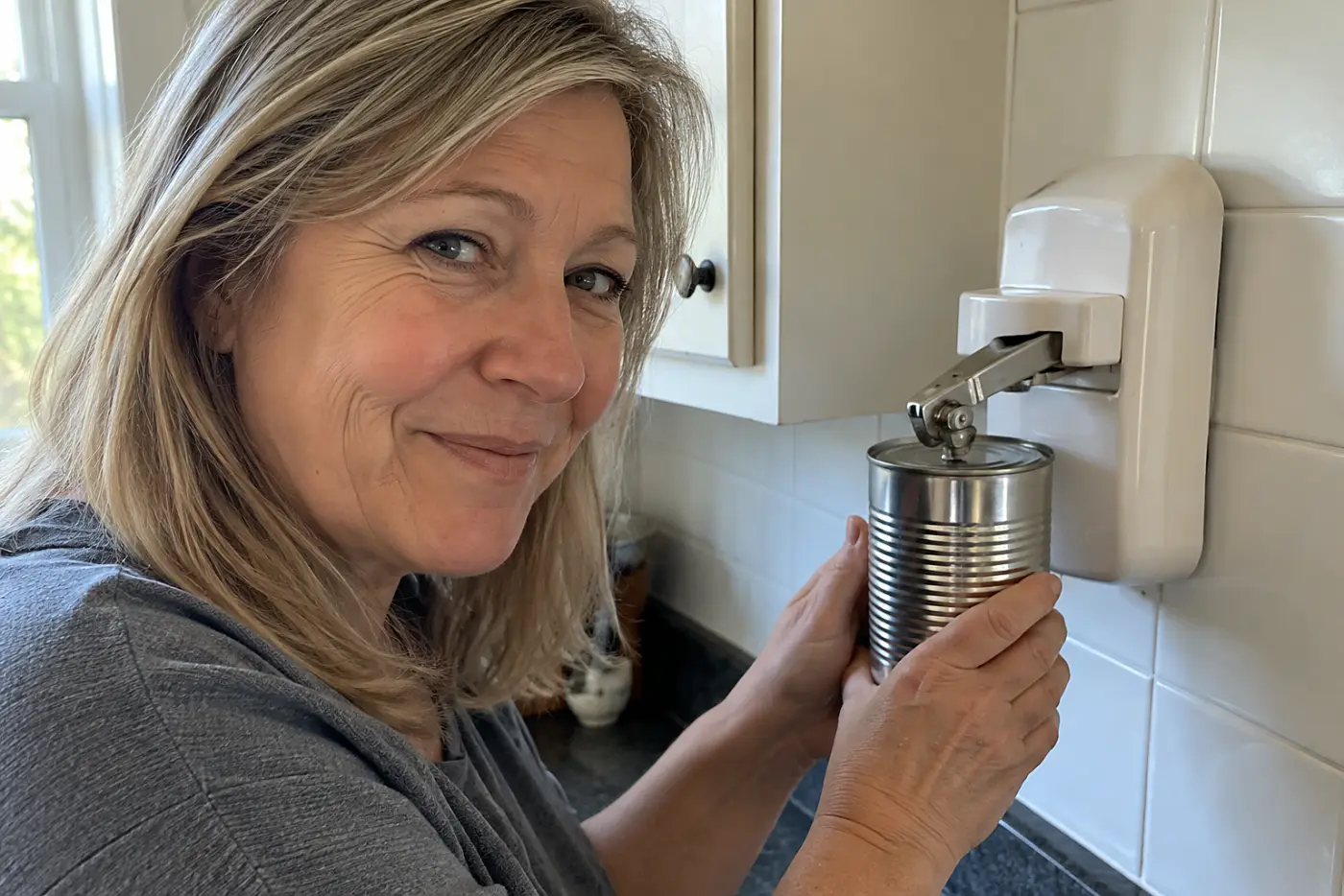 An electric wall can opener sits in the middle of a kitchen wall as a woman over 50 holds a plain tin beneath it, with no visible writing.