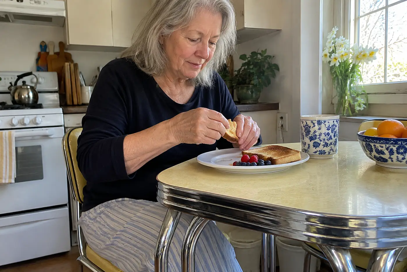 A chrome-legged breakfast table stands in the middle of a small kitchen as a woman in her sixties sits with her toast, with no visible writing.