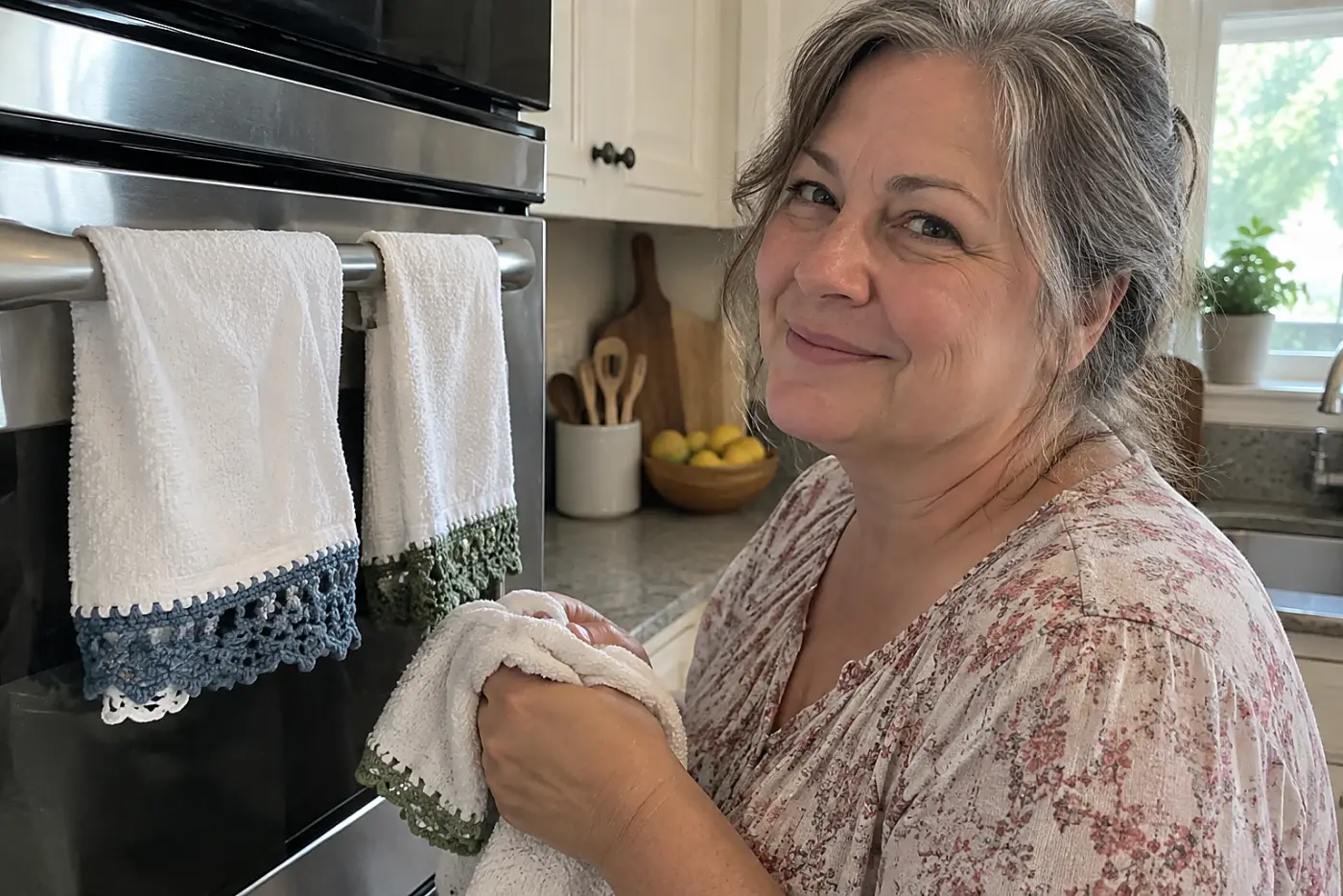 Crochet-trimmed dish towels hang in the middle of a kitchen scene from the oven handle as a woman over 50 dries her hands, with no visible writing.