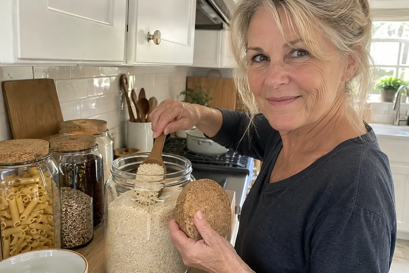 Cork-topped glass canisters sit in the middle of a kitchen counter as a woman over 50 scoops rice from one, with no visible writing.