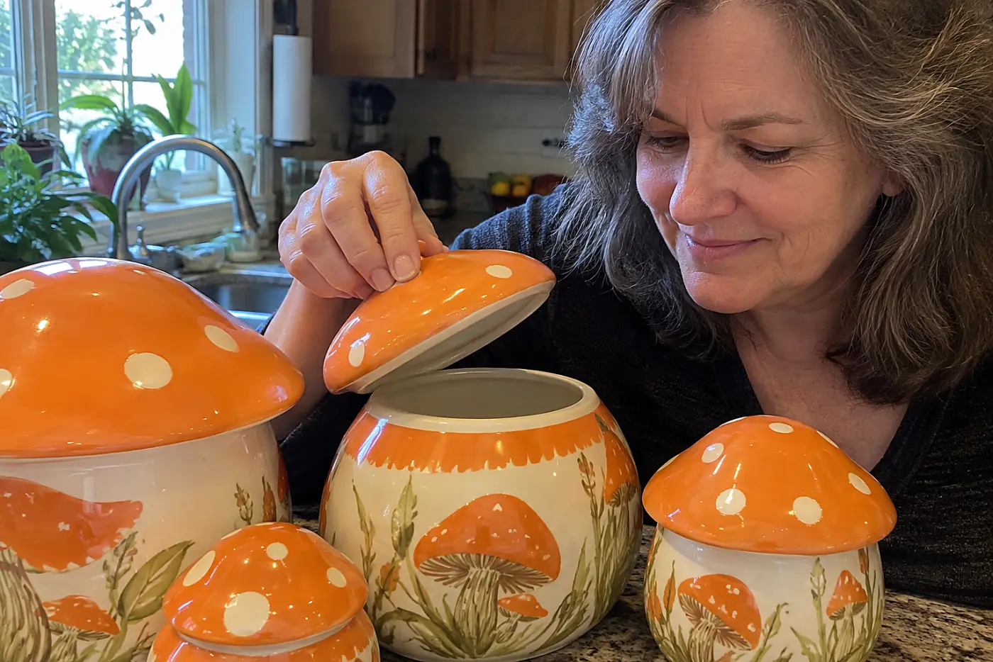 Bright orange mushroom canisters stand in the middle of a kitchen counter as a woman over 50 lifts one lid, with no visible writing.