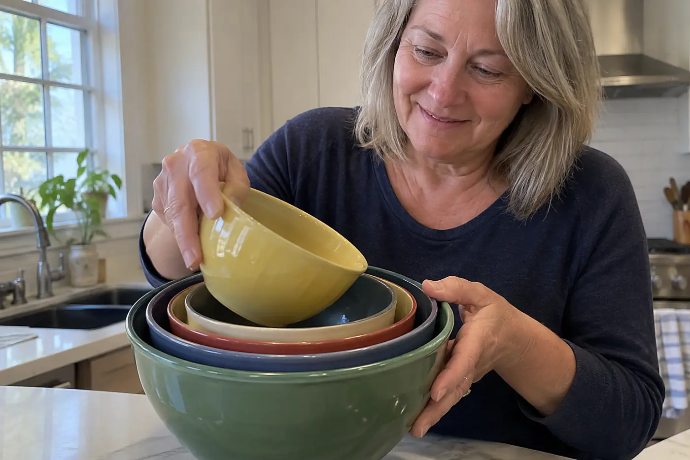 A colored Pyrex mixing bowl stack sits in the middle of a kitchen counter as a woman over 50 lifts the smallest bowl, with no visible writing.