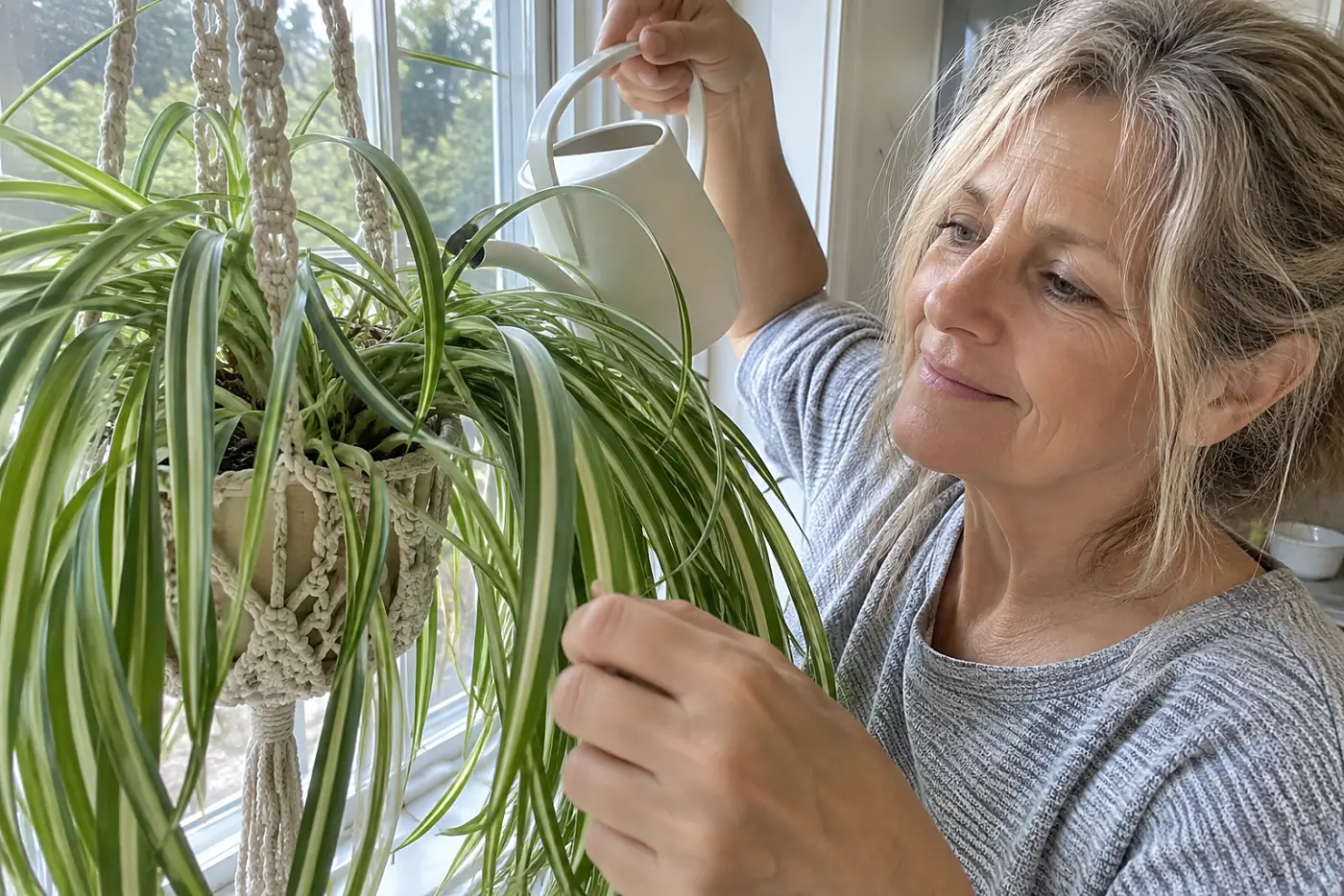A woven macramé plant hanger holding a spider plant hangs in the middle of a sunny kitchen window as a woman over 50 waters it, with no visible writing.