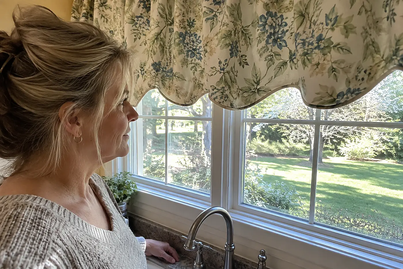A scalloped window valance sits in the middle of a kitchen scene above the sink as a woman over 50 looks into the yard, with no visible writing.