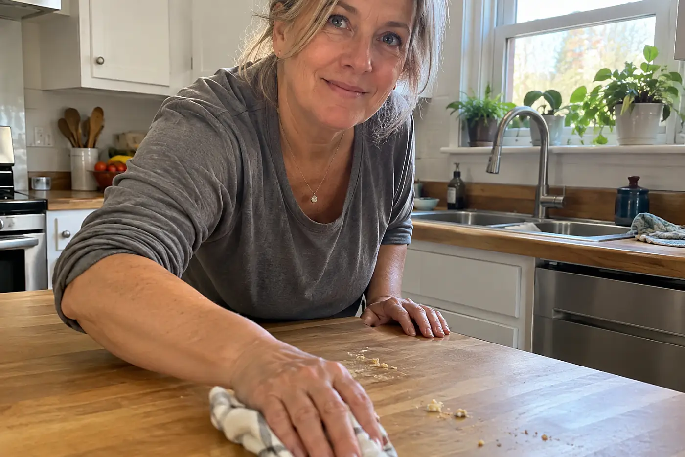 A butcher-block print laminate counter fills the middle of a real kitchen as a woman over 50 wipes crumbs toward the sink, with no visible writing.