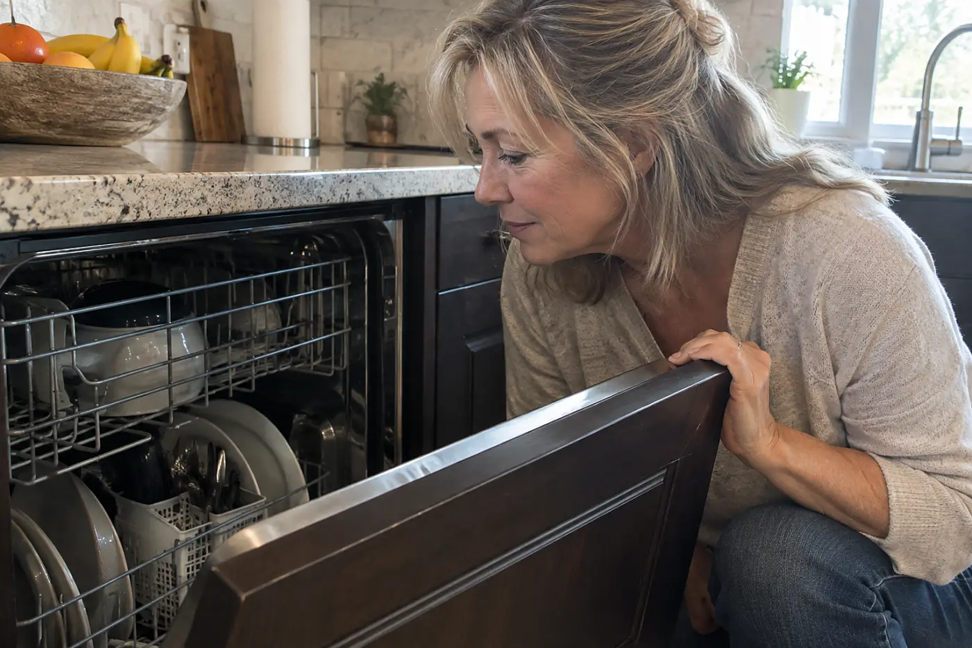 A dark brown built-in dishwasher fills the middle of a kitchen counter run as a woman over 50 lowers its door, with no visible writing.