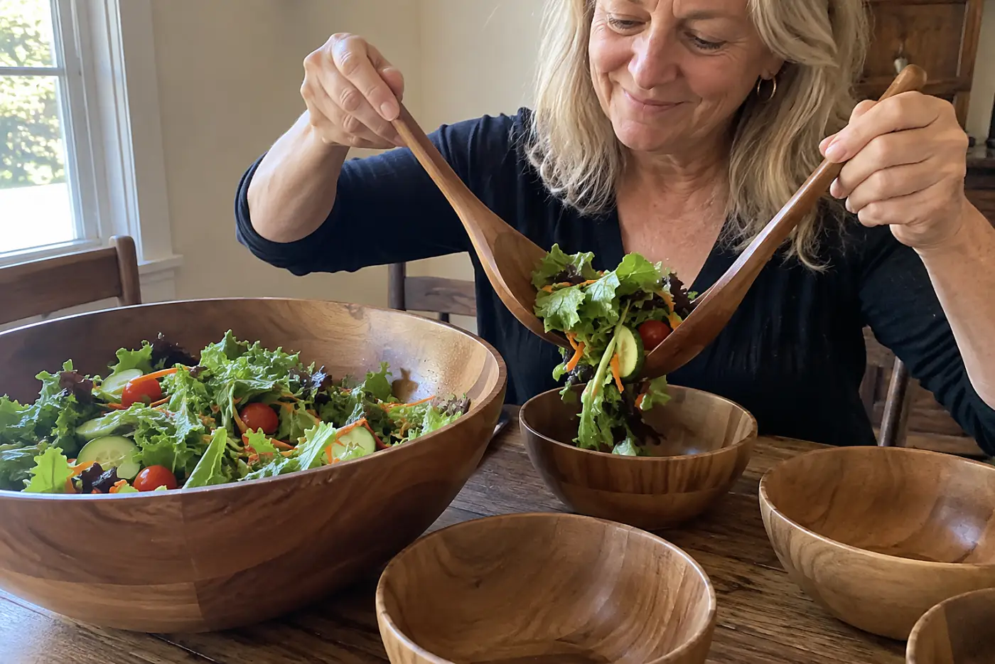 A wooden salad bowl set fills the middle of a family dinner table as a woman over 50 serves salad, with no visible writing.