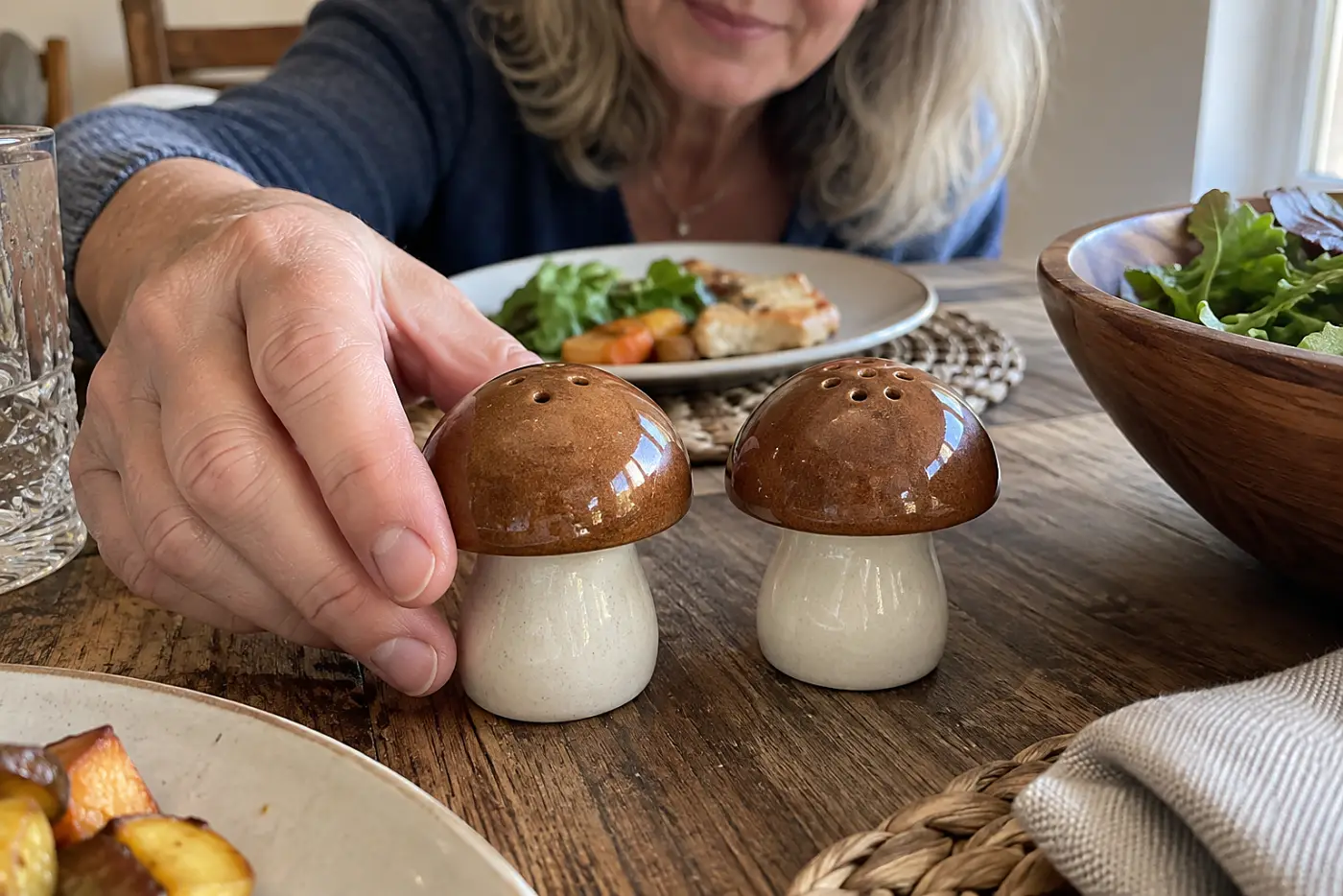 Mushroom-shaped salt and pepper shakers stand in the middle of a dinner table as a woman over 50 reaches for the salt, with no visible writing.