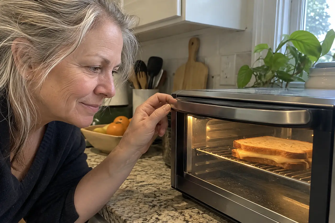 A countertop toaster oven sits in the middle of a kitchen counter as a woman over 50 checks a cheese sandwich through its glass door, with no visible writing.