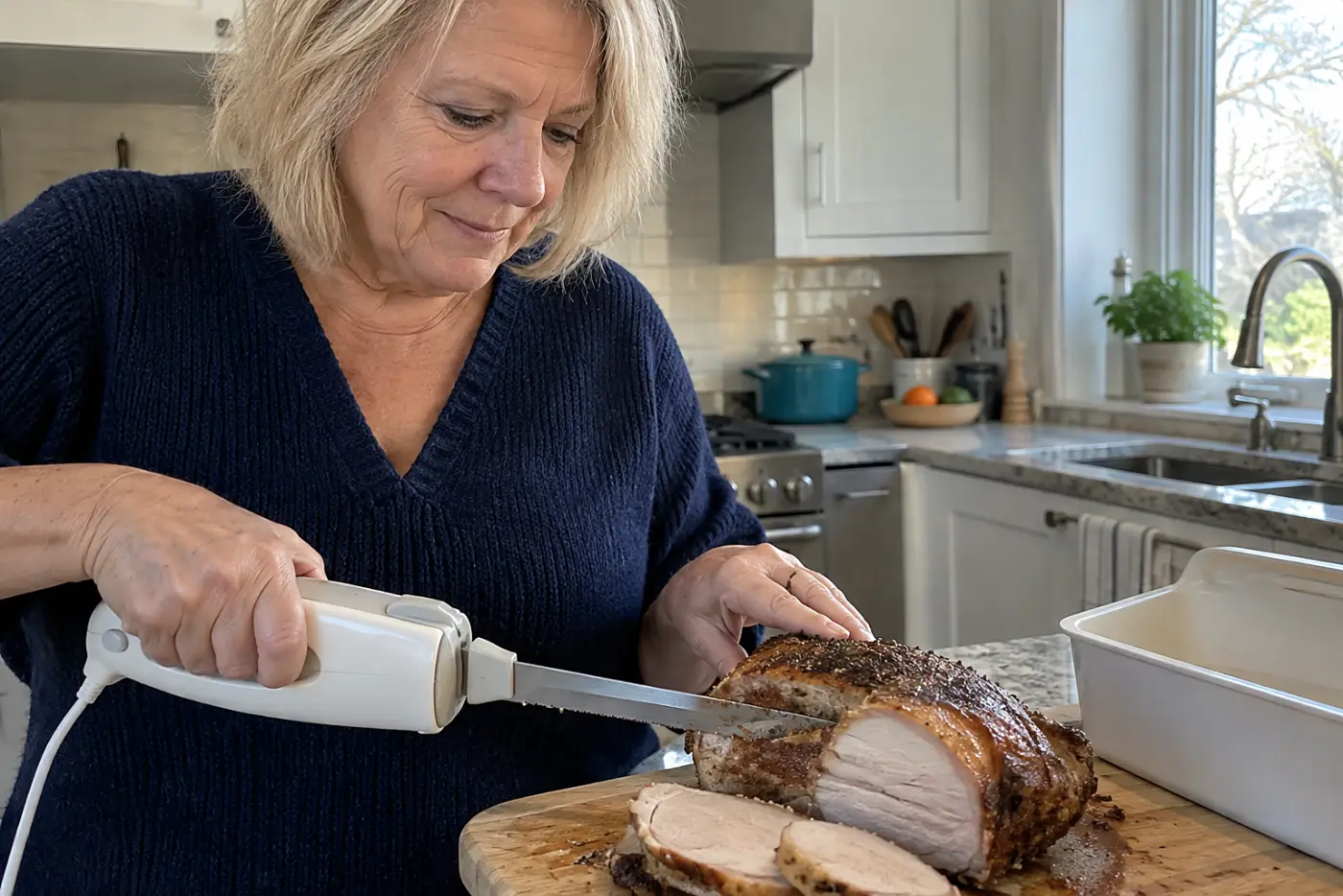 An electric knife and its plastic case sit in the middle of a kitchen counter as a woman over 50 carves a roast, with no visible writing.