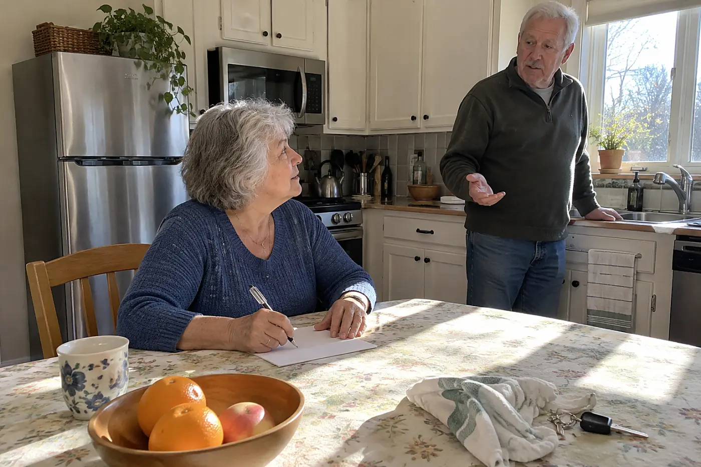 Older woman writing a monthly family-help limit on paper at her kitchen table.
