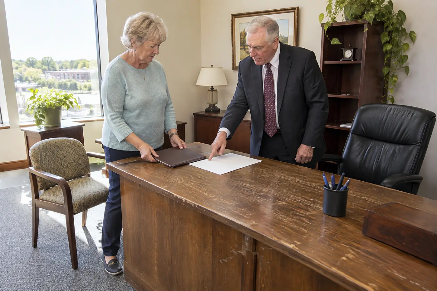Older woman reviewing a signed document with an attorney in an office.