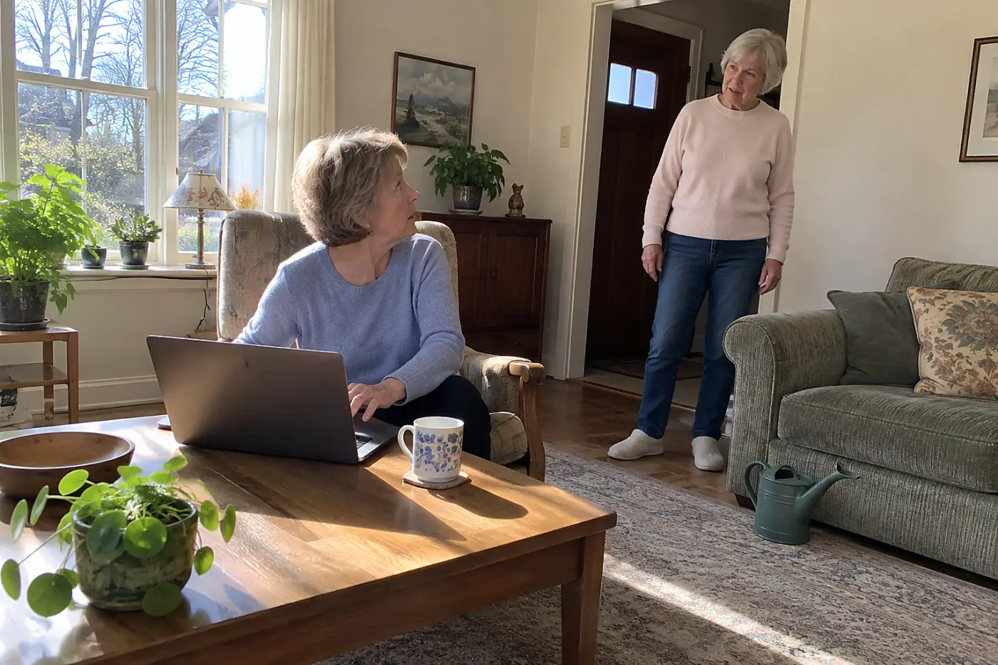 Older woman changing a password on her laptop at home.