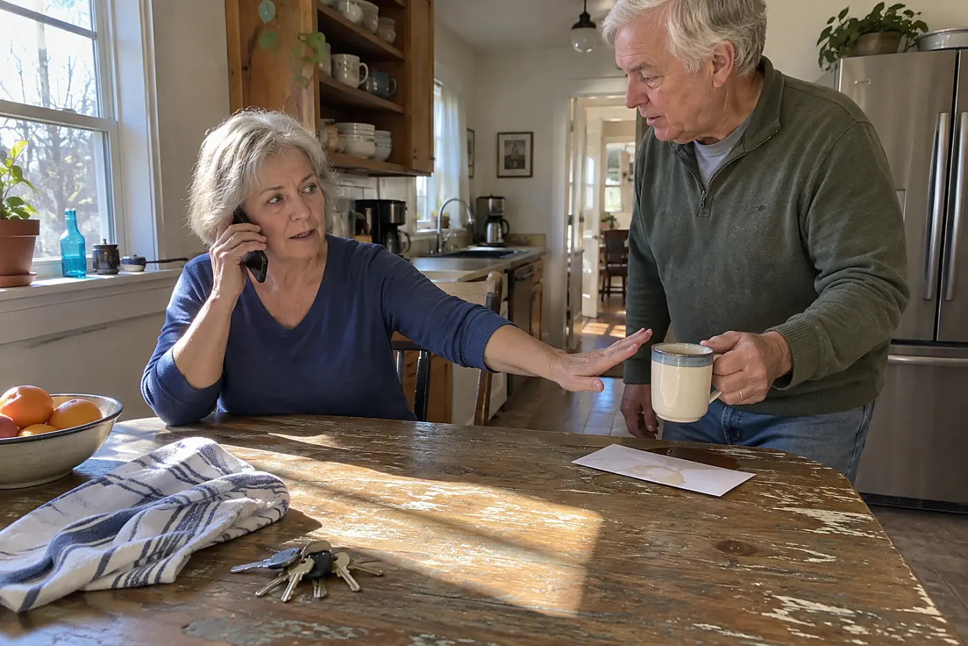 Older woman calling her card issuer from her kitchen table.