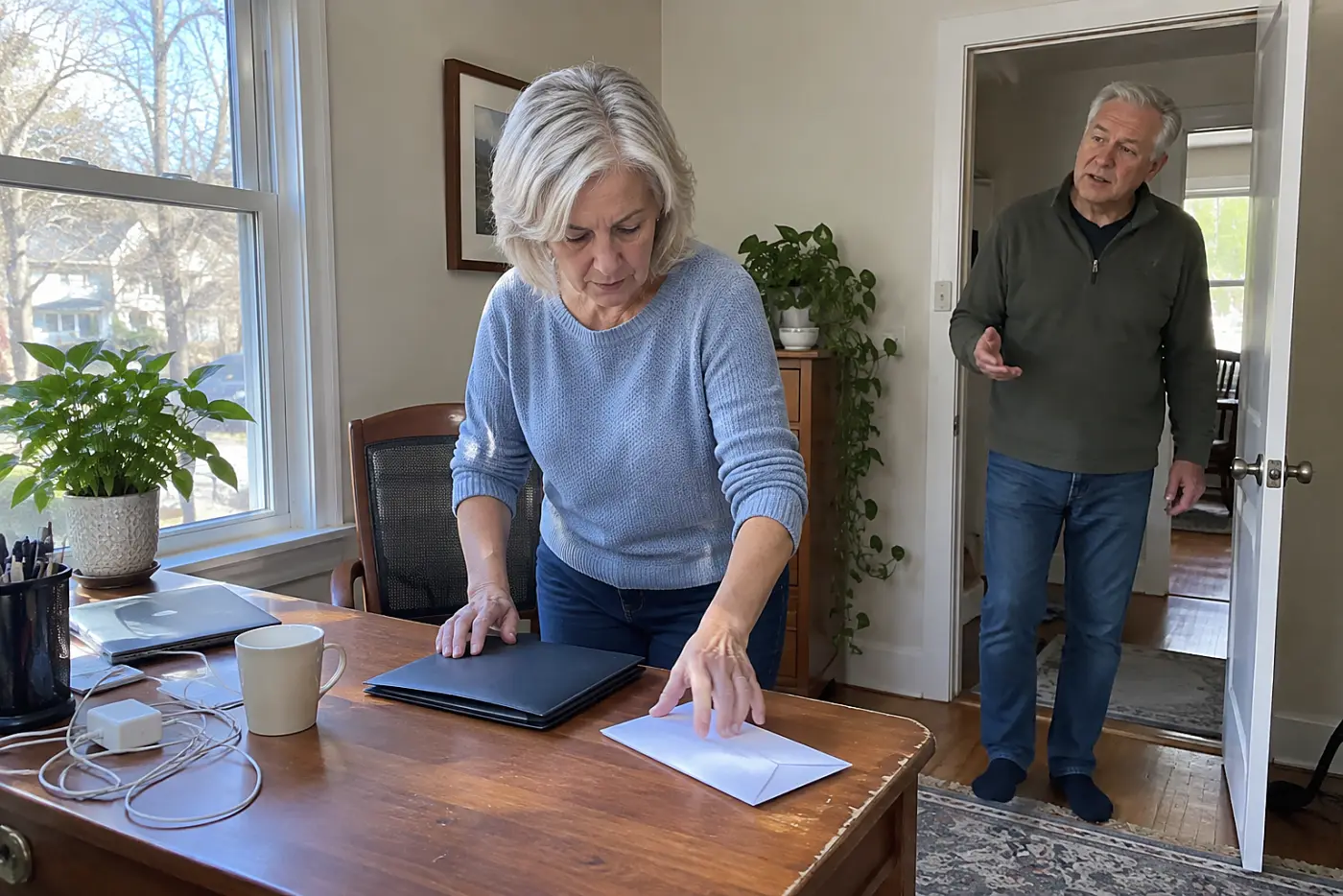 Older woman reading a loan agreement at her desk.