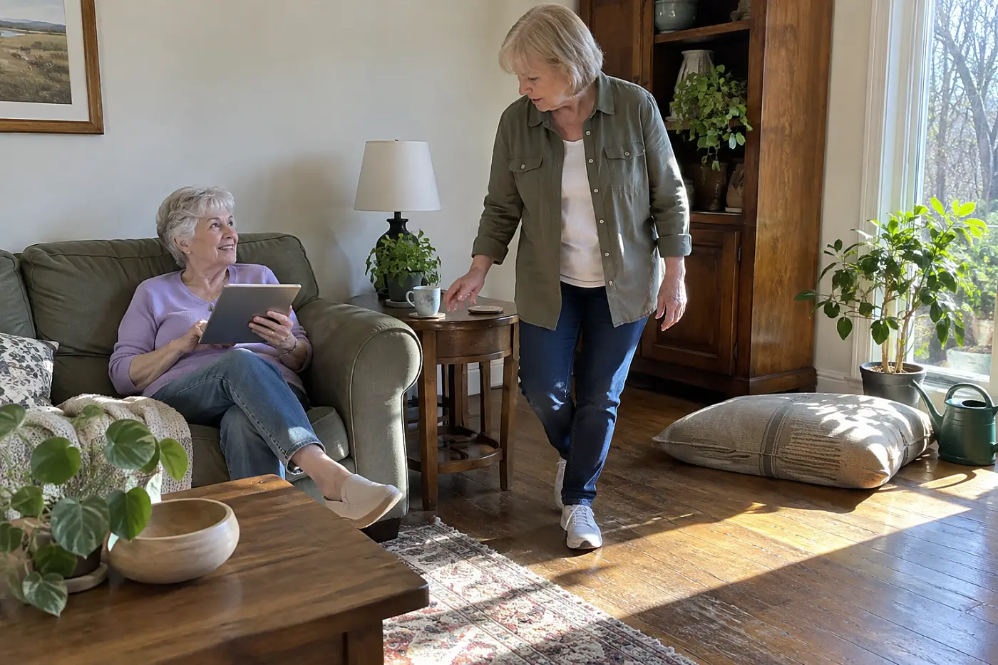 Older woman checking purchase history on a tablet in her living room.