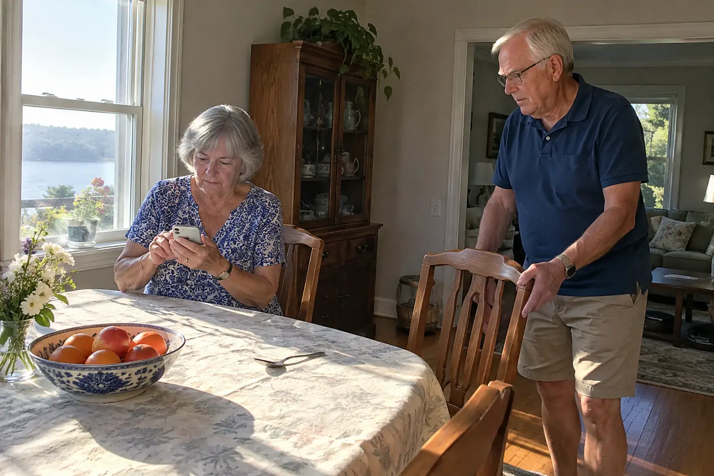 Older woman reading a phone statement at her dining table.