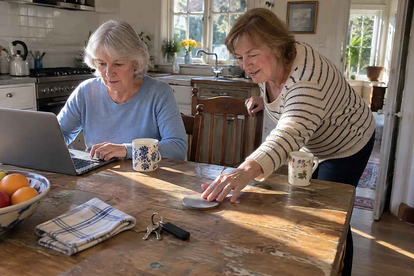 Older woman reviewing bank transfers on a laptop at her kitchen table.