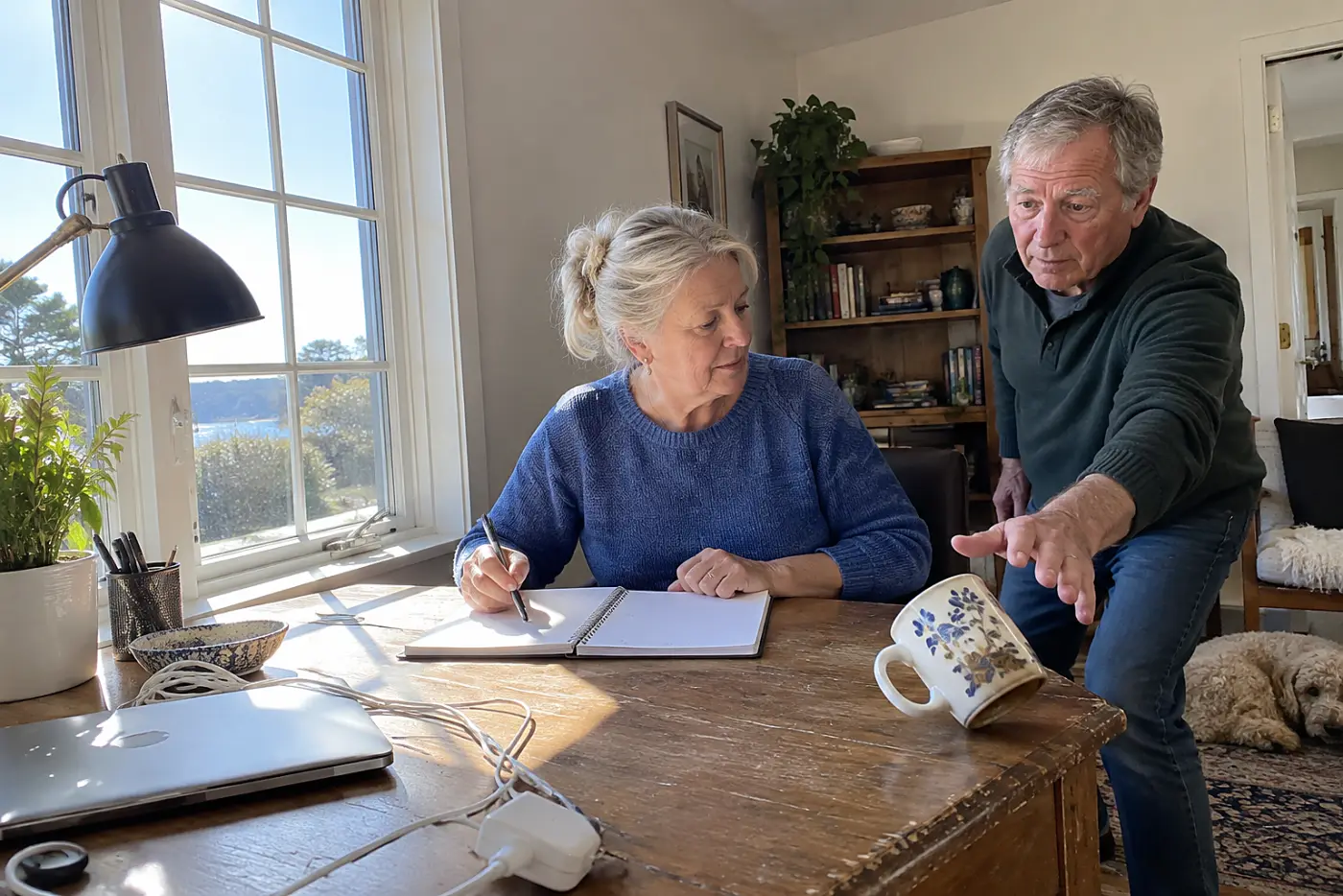 Older woman adding repayment dates to a notebook at her desk.