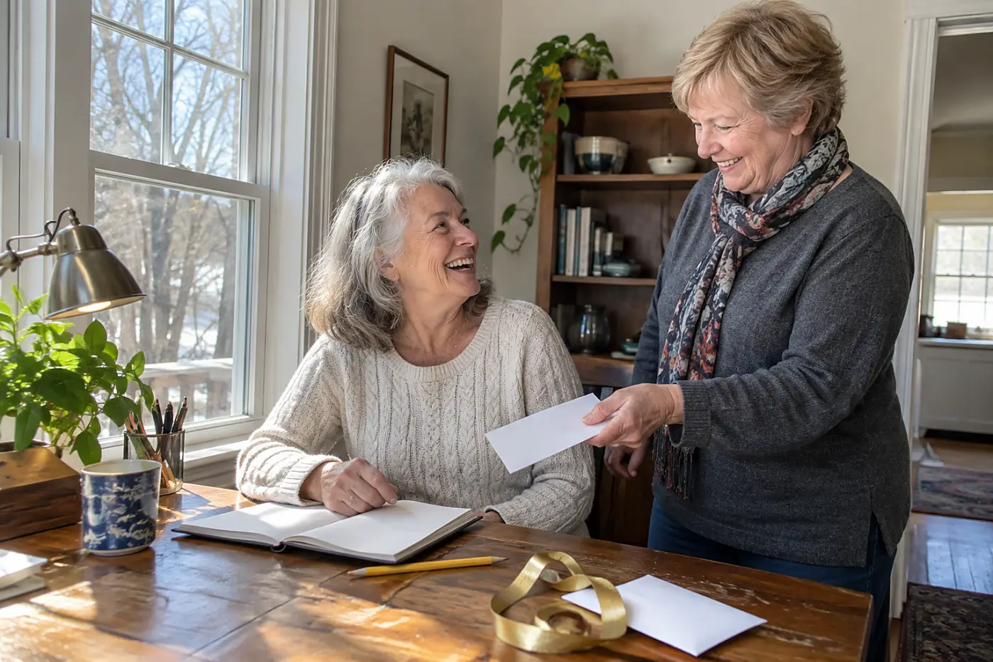 Older woman recording gifts in a notebook at her desk.
