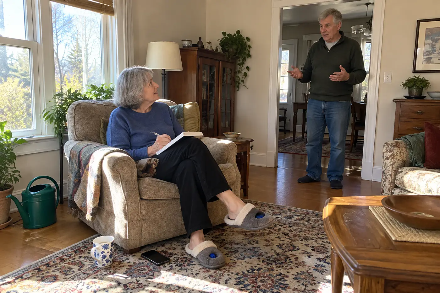 Older woman writing questions on a notepad beside her phone in the living room.