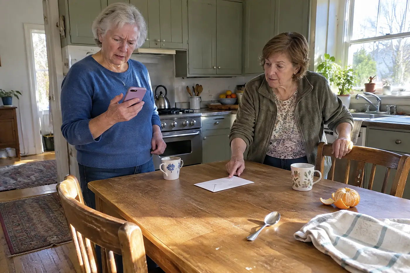 Older woman examining a bill on her phone at her kitchen table.
