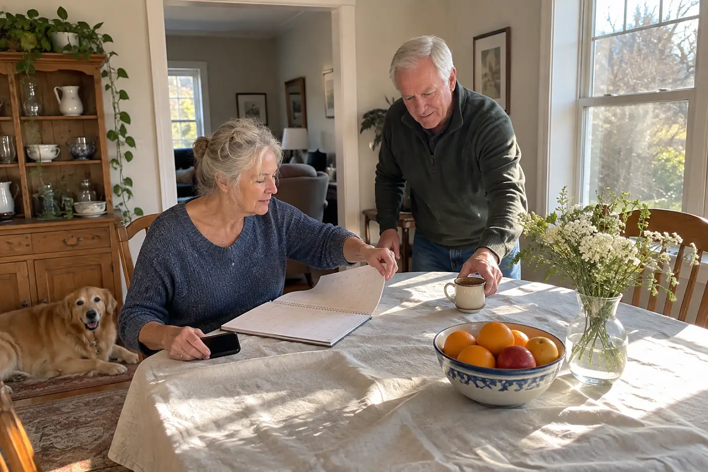 Older woman checking a calendar while holding her phone at a dining table.