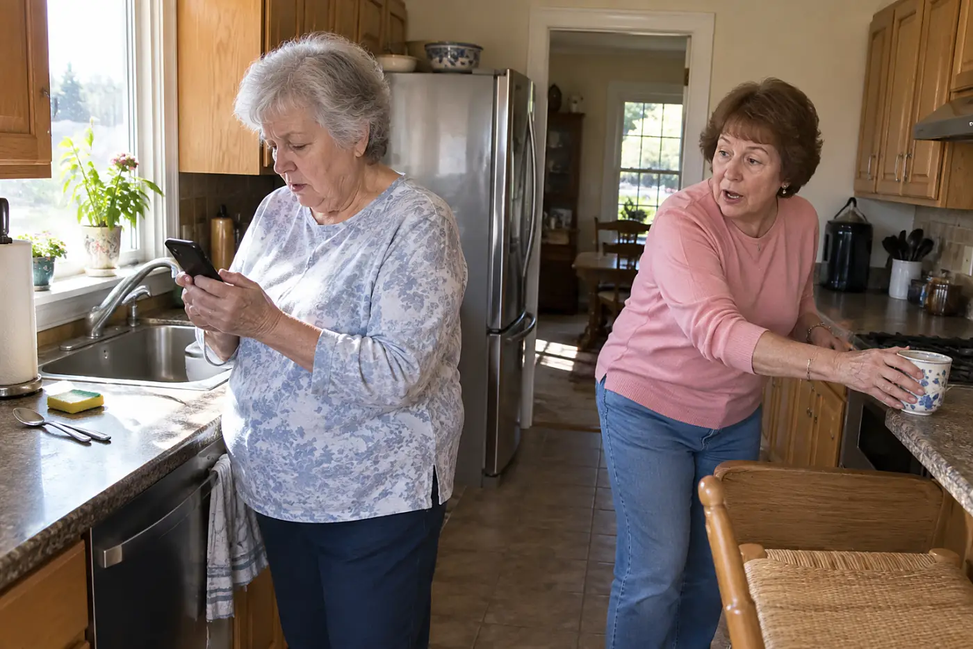 Older woman reading a message on her phone at the kitchen counter.