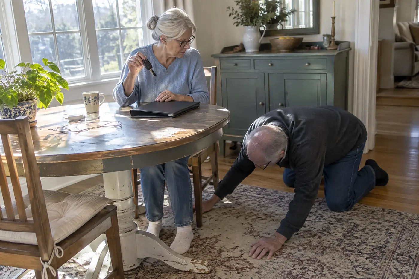 Older woman checking a vehicle loan statement beside her car keys at home.