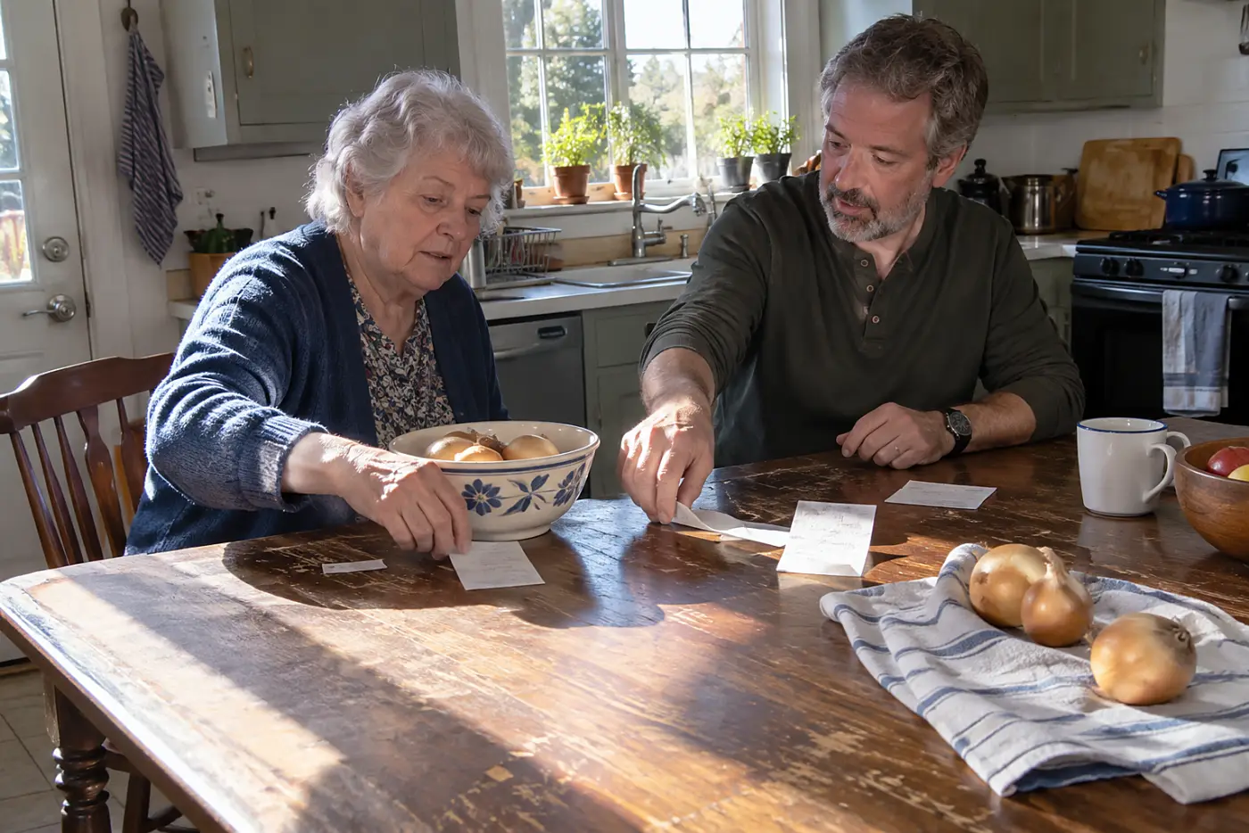 Older woman discussing grocery receipts with her adult son at a kitchen table.