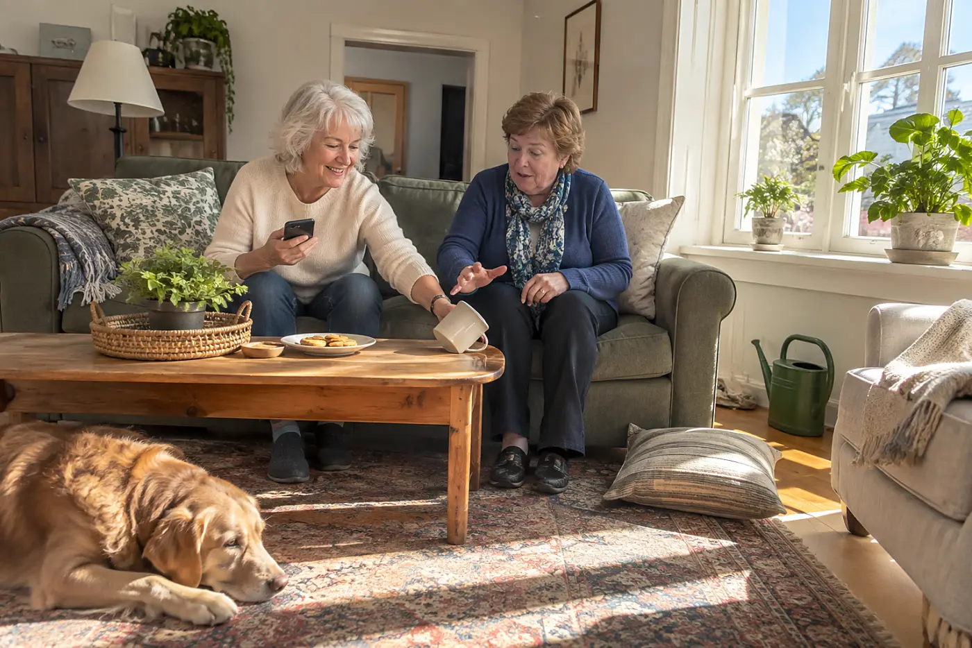 Older woman closing her banking app while sitting on her sofa.