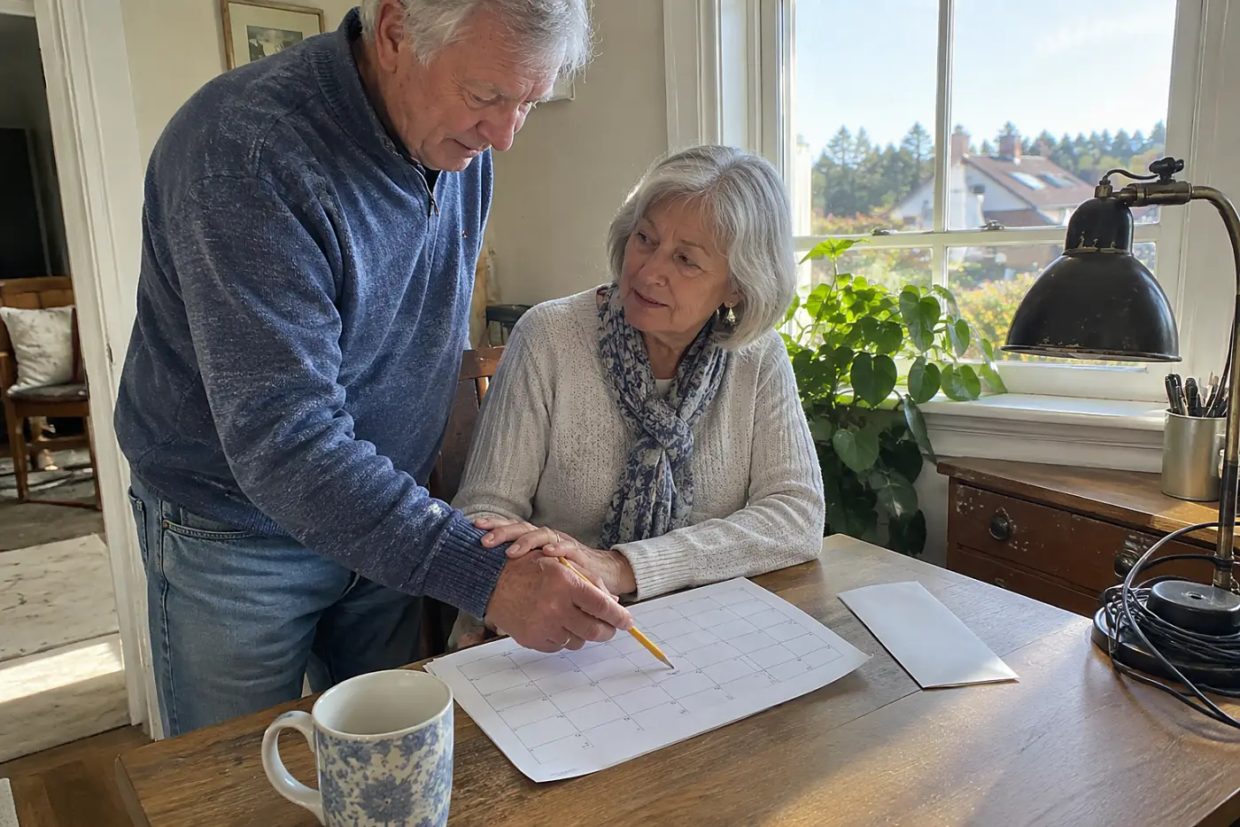 Older woman comparing a bank statement with a calendar at her desk.