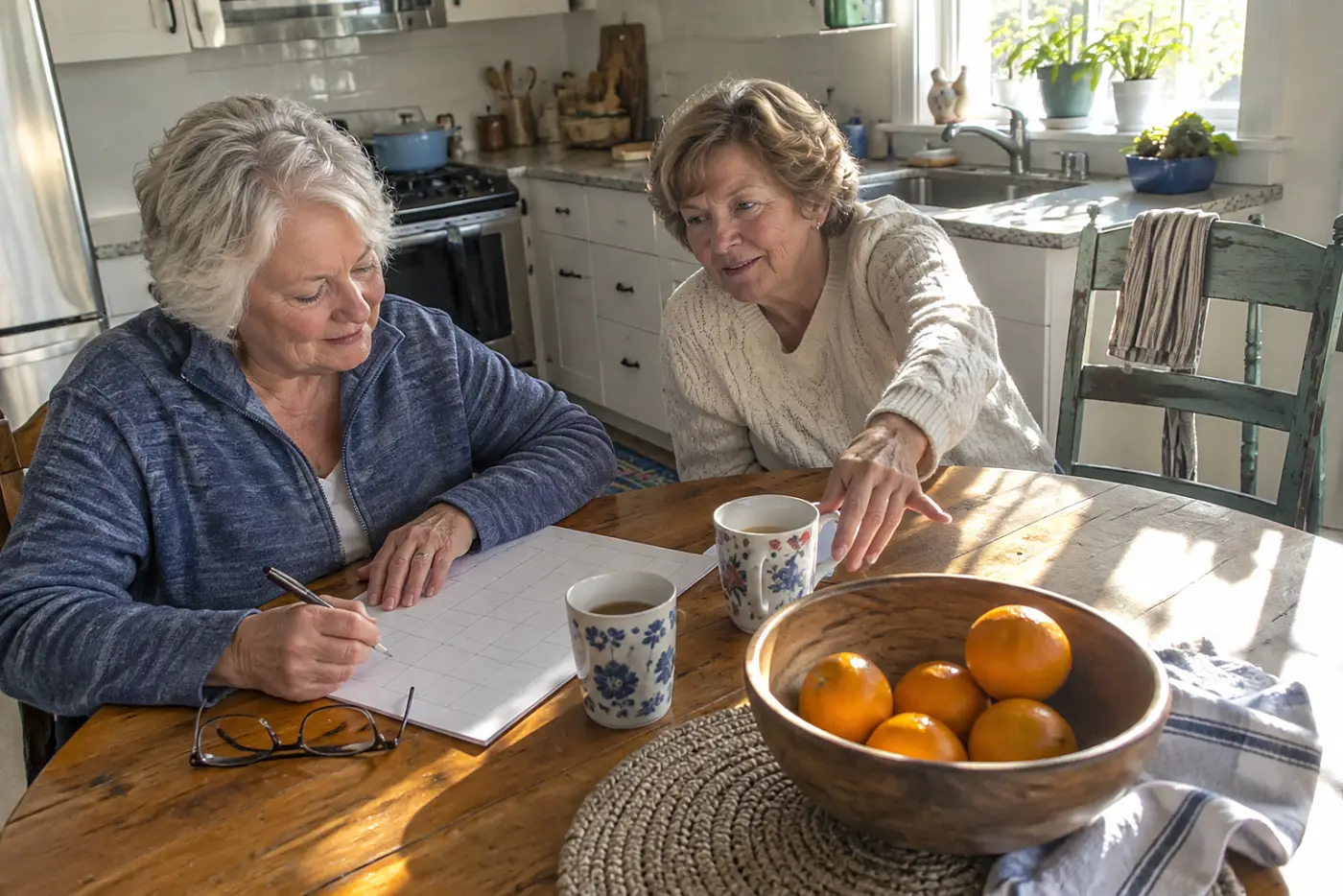Older woman marking bill due dates on a calendar in her kitchen.