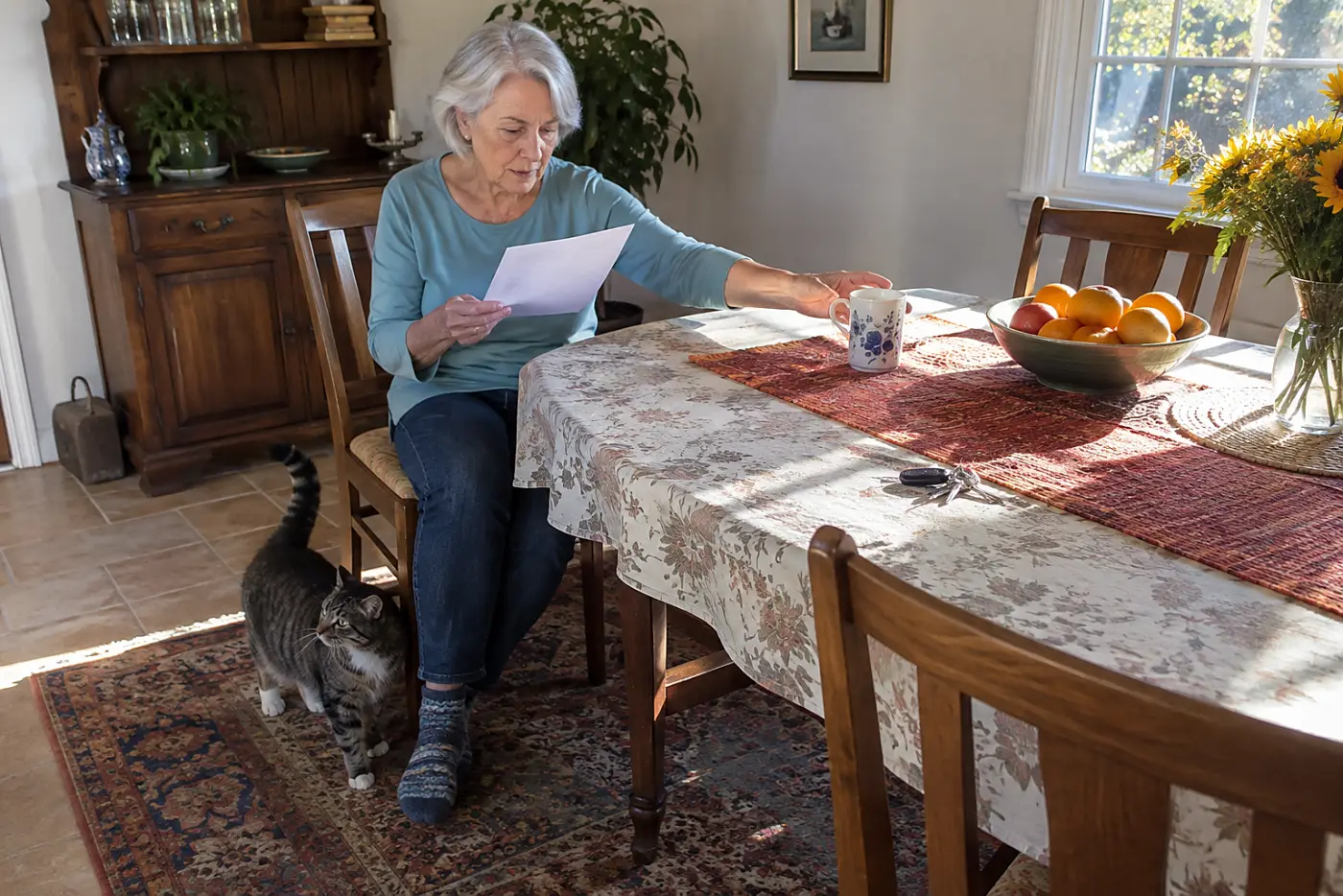 Older woman reading a form alone at her dining table.