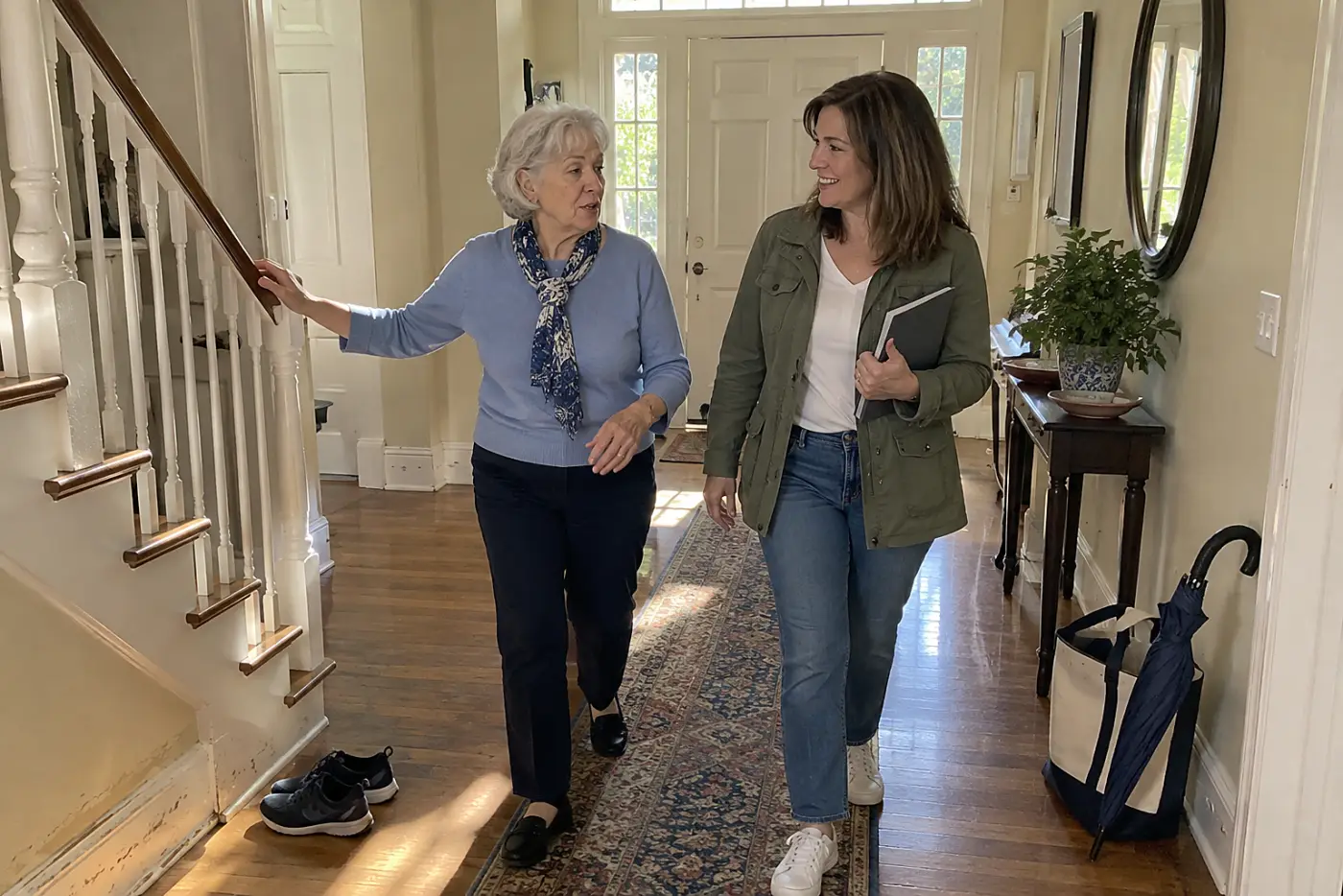 Older woman and her adult daughter walking through the hallway with a notebook.