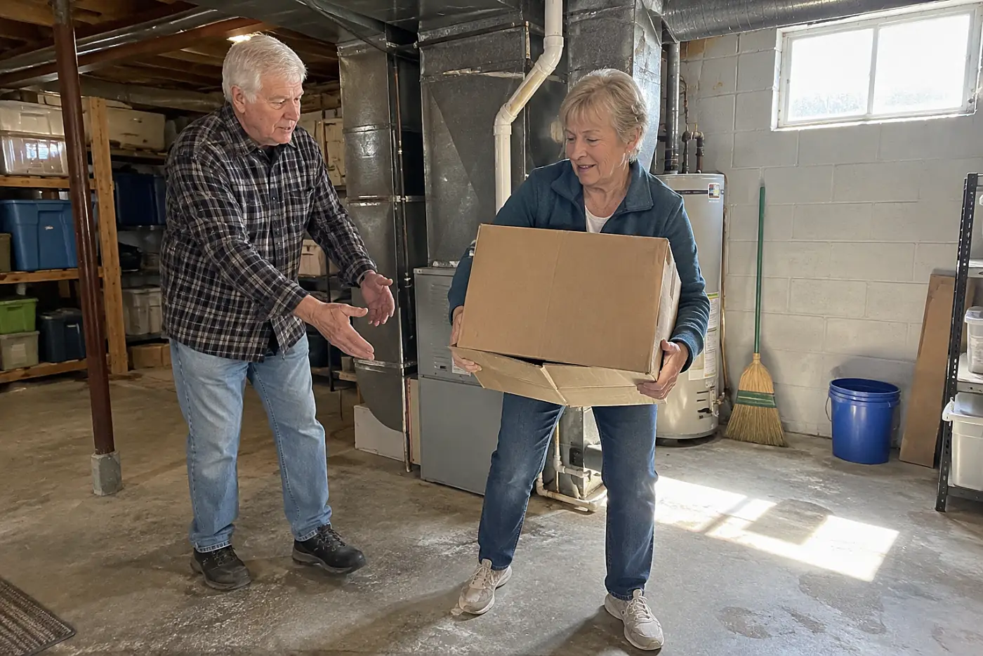 Older woman carrying a cardboard box away from her basement furnace.