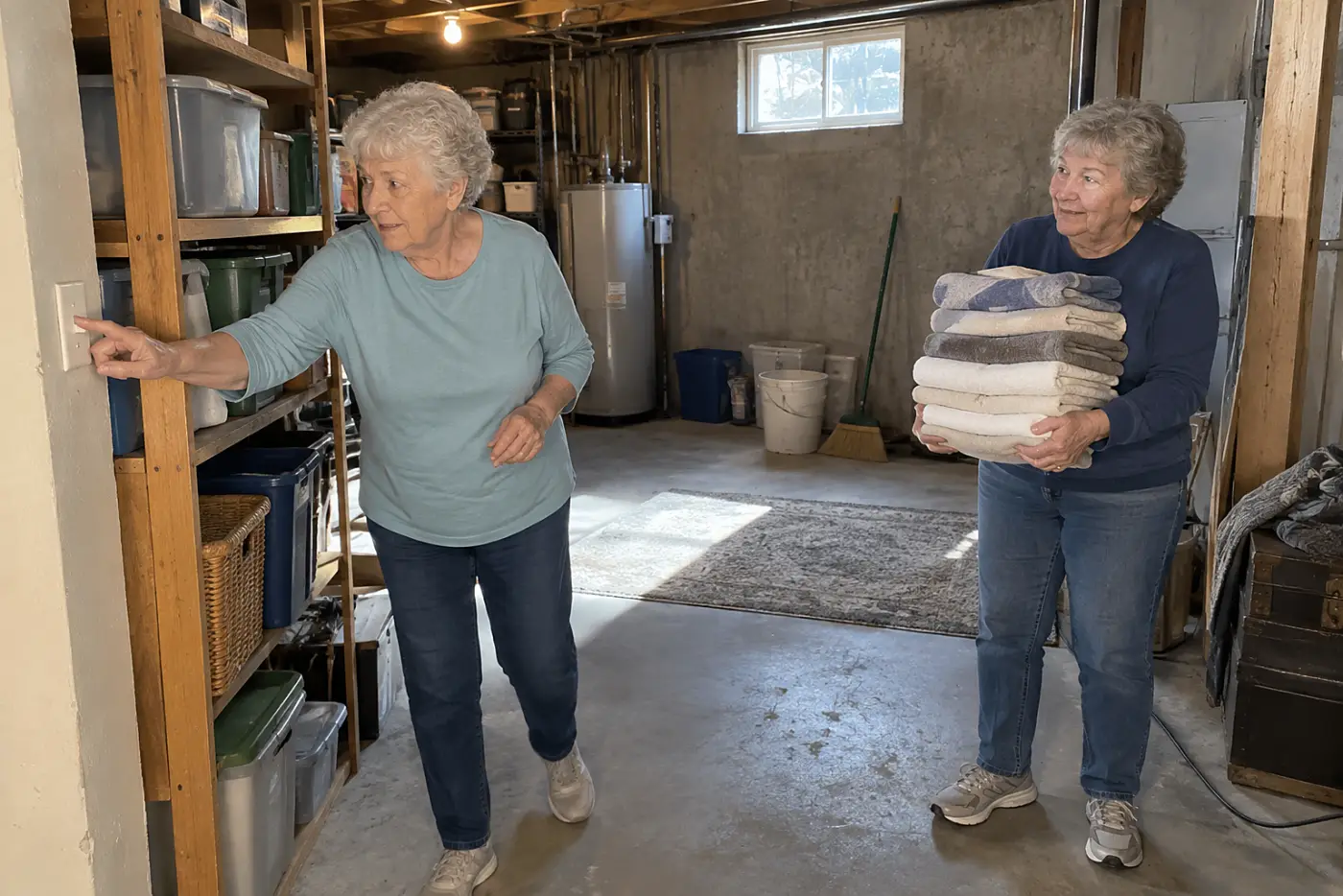 Older woman reaching for a basement light switch beside a storage shelf.