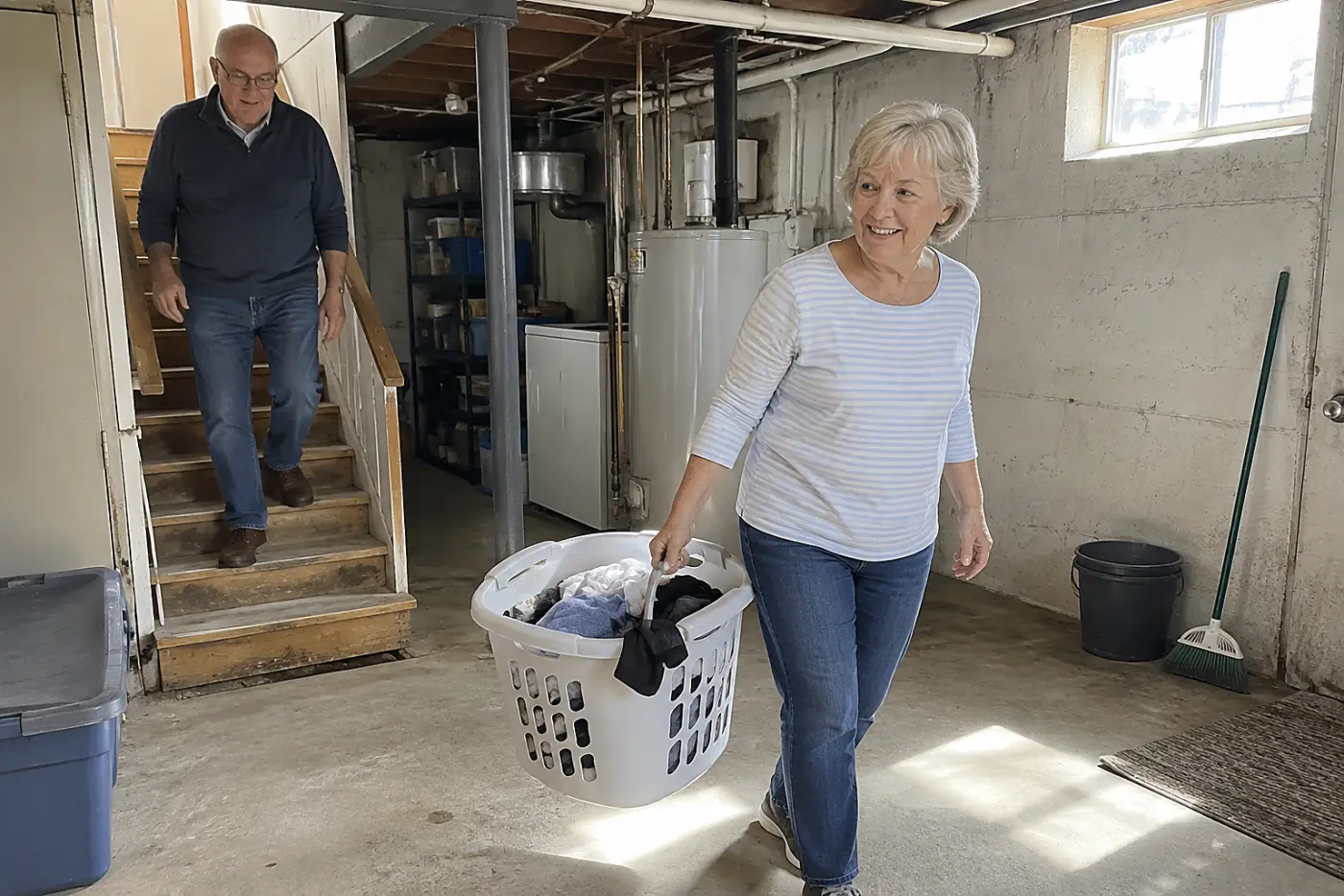 Older woman moving a laundry basket away from her basement stairs.