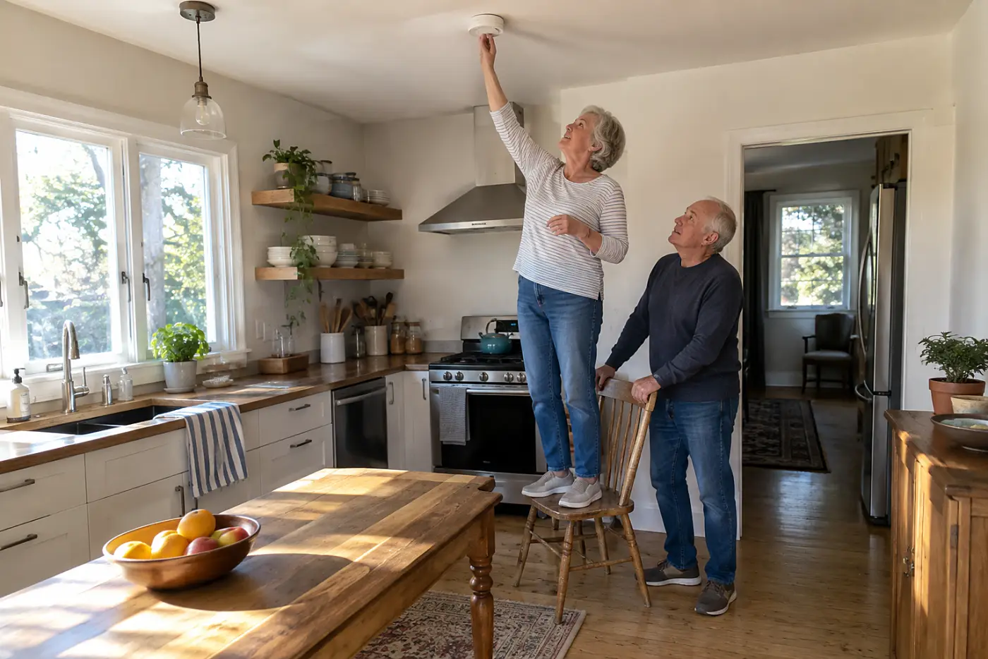 Older woman checking the date on a smoke alarm in her kitchen.